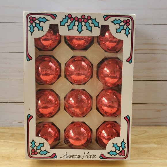 Vintage 1960s MCM Holly Glass Christmas Ornaments Set Of 12 Red 2" Original Box - Picture 1 of 15
